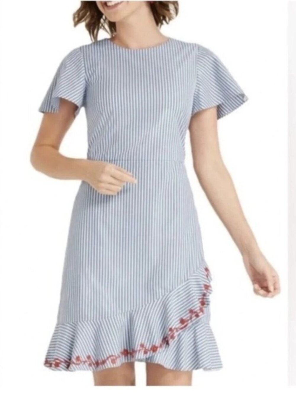 Draper James Embroidered Ruffle Cotton Midi Dress Striped White Blue Size 6 NWOT
